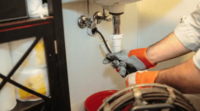 Drain cleaning technician using a motorized plumbing snake to clear a clogged sink pipe in Bloomington, IN